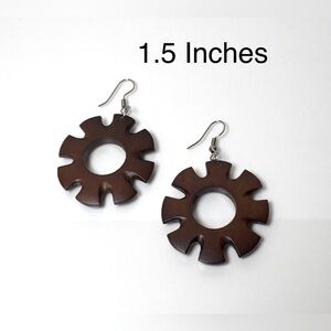 Stylish Large Natural Wooden Wheel Dangle Drop Earrings Dark Brown Lightweight